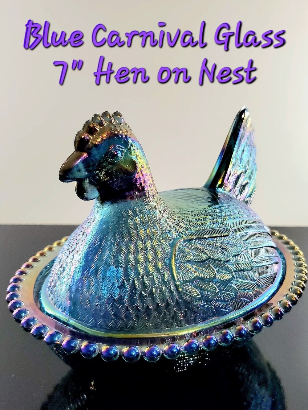 70s Indiana Glass Blue Carnival Glass Hen on Nest Covered Dish Bicentennial